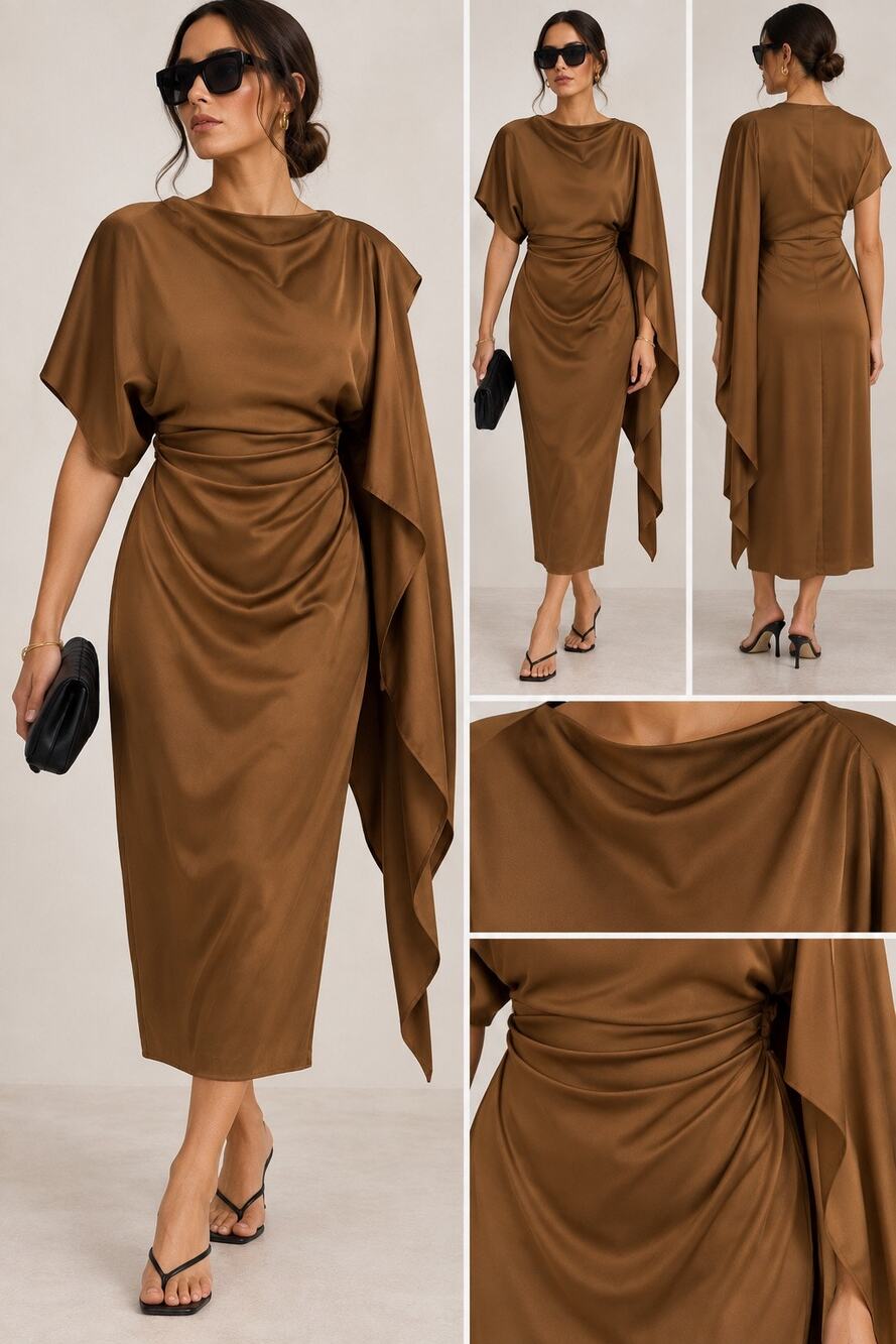 Zara Satin Midi Dress Asymmetric Sleeve caramel brown draped waist cape long